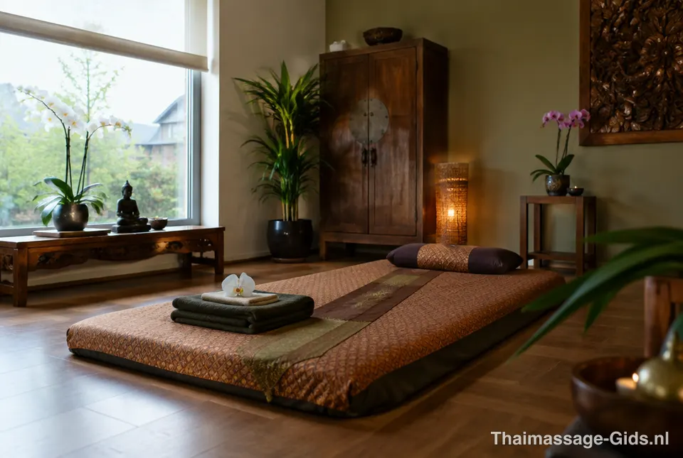 Massageruimte in Thaise stijl met matras op de vloer